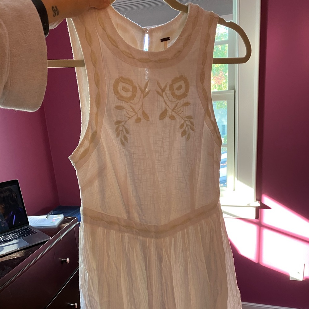 Free people floral stitching short white dress
